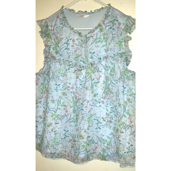Powder Blue Babydoll Top Blouse LAUREN CONRAD Cottage Core Floral Pastel L - Picture 3 of 16